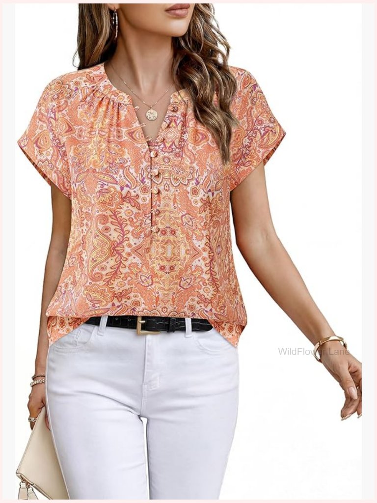 Short Sleeve Button Down Chiffon Blouse Office Work Top